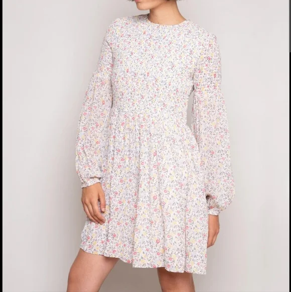 GANNI floral print smocked mini dress long sleeved NWT